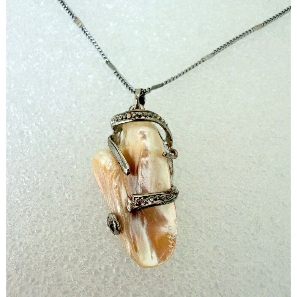 Vintage Organic Blister Pearl Pendant Necklace Antiqued Silver Tone